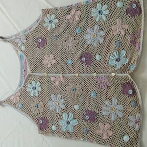 No Label Hippie Crochet Flowers Multi Colored Button Down Sleeveless Lightweight